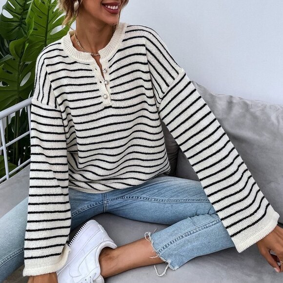 Striped Drop Shoulder Button Front Sweater - Picture 2 of 5